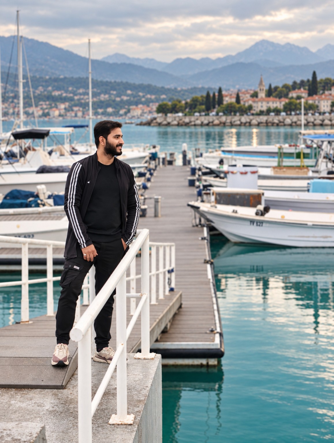Arun Sudhakar standing beside boats at a mountain-backed marina