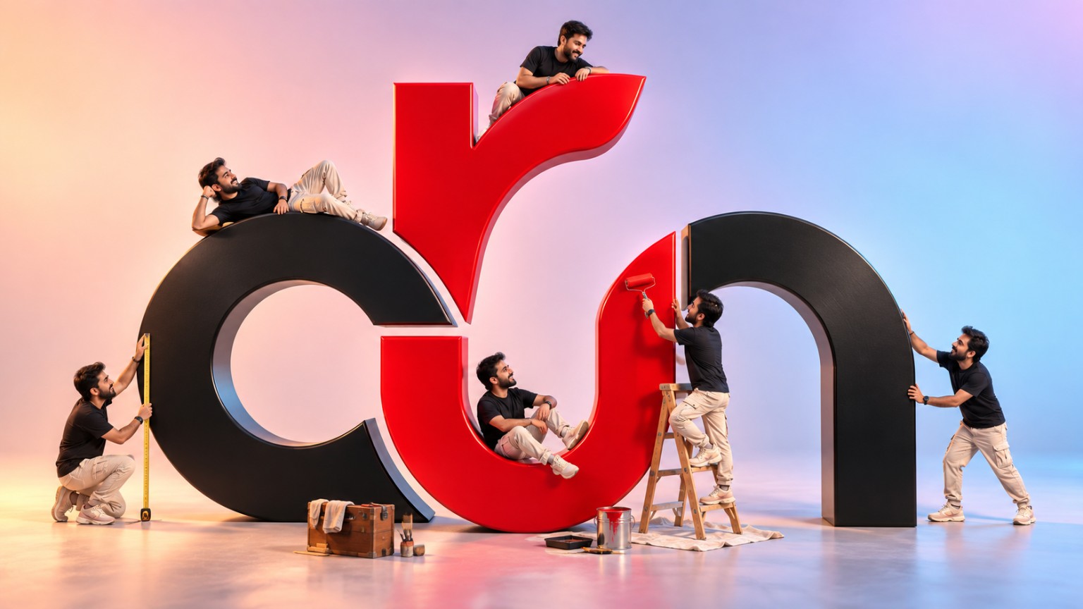 Miniature versions of Arun measuring, painting and building his red and black personal logo, with a few enjoying the process.
