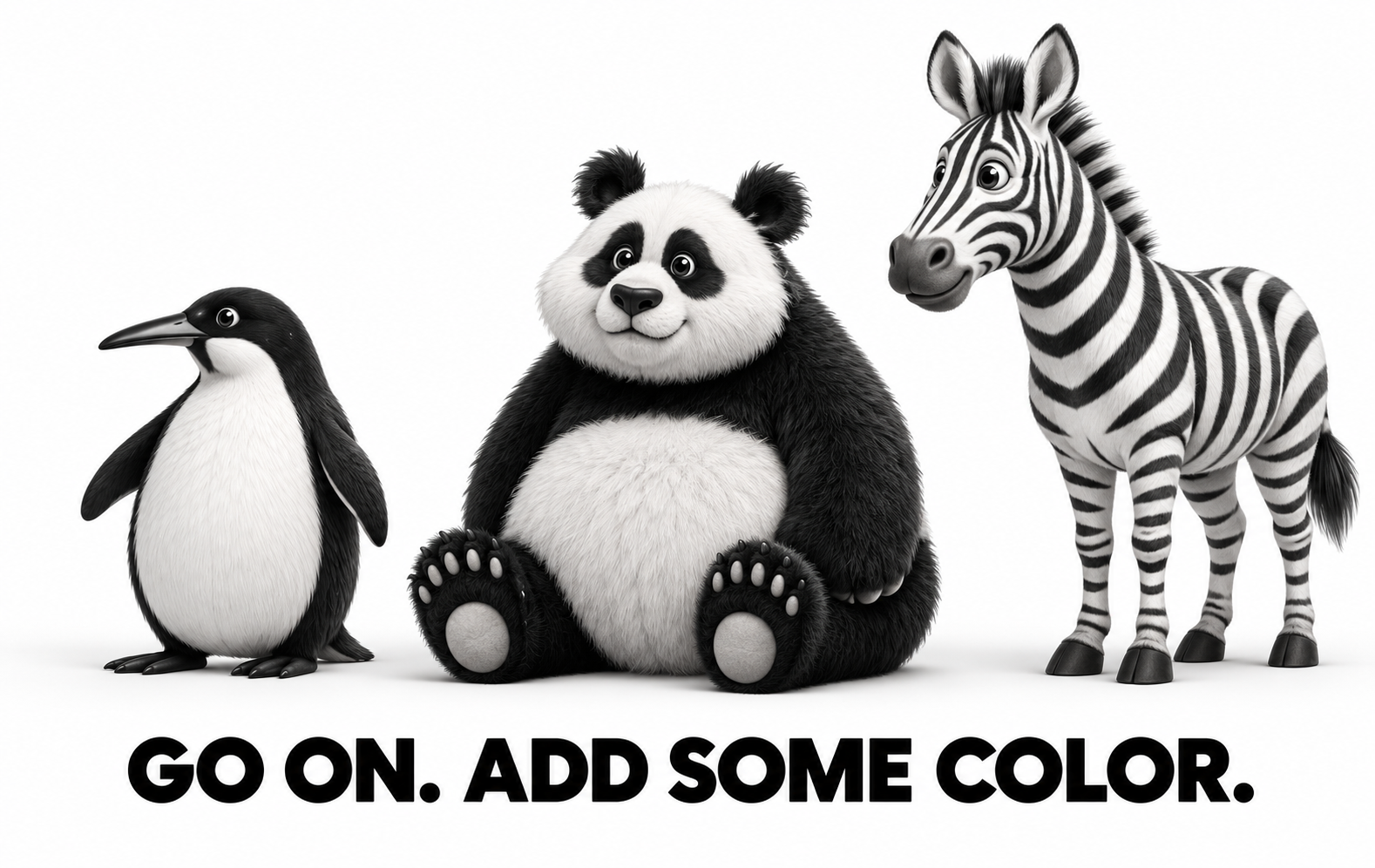 A black-and-white penguin, panda and zebra, with detailed feathers, fur and stripes.